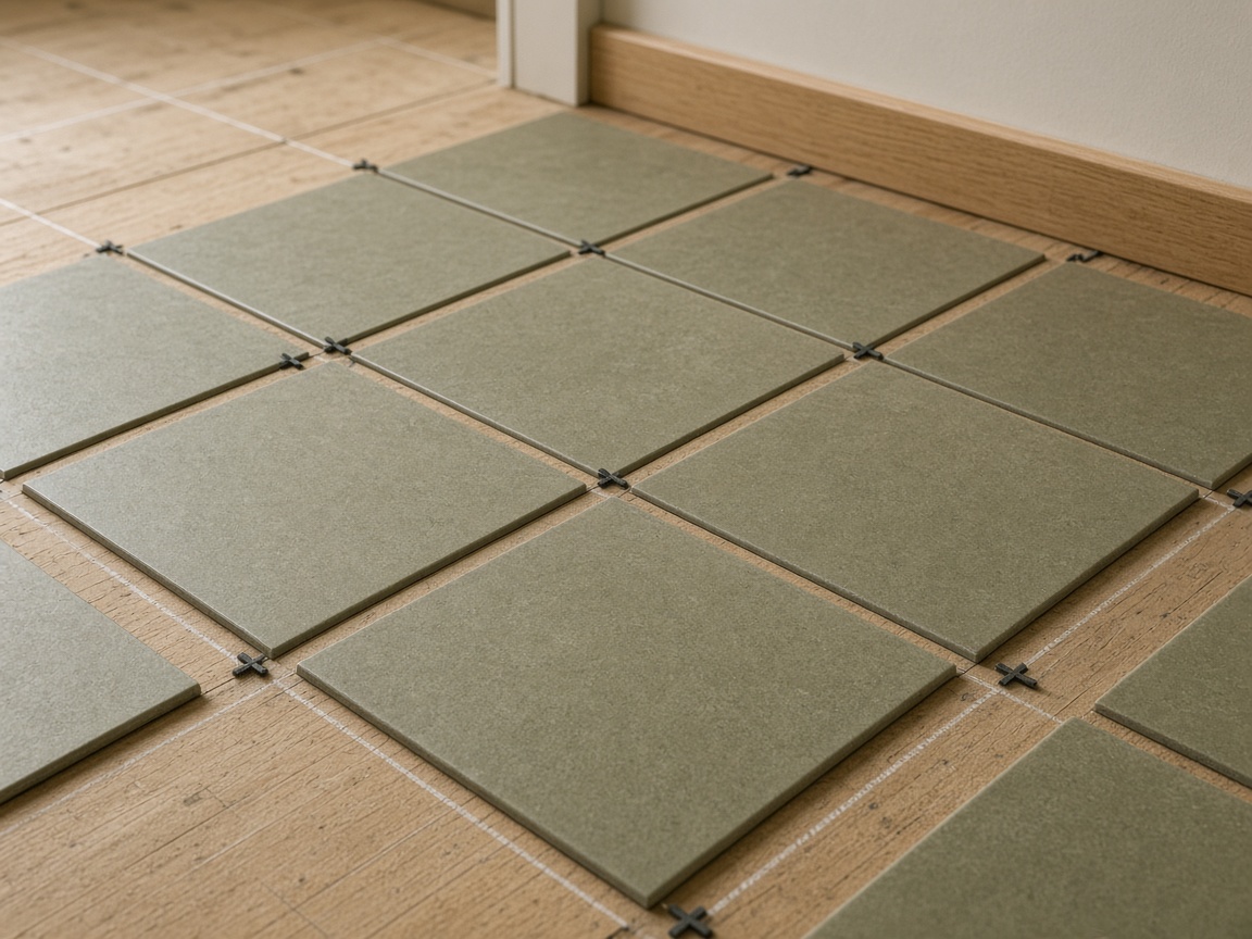Dry-laid tile layout with chalk lines and spacers on a subfloor