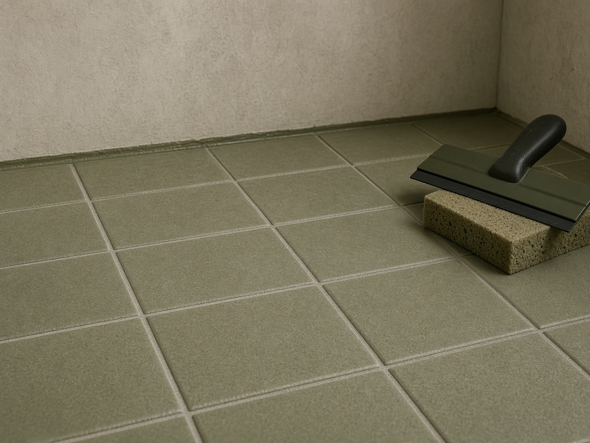 Close view of ceramic tiles and grout during floor installation